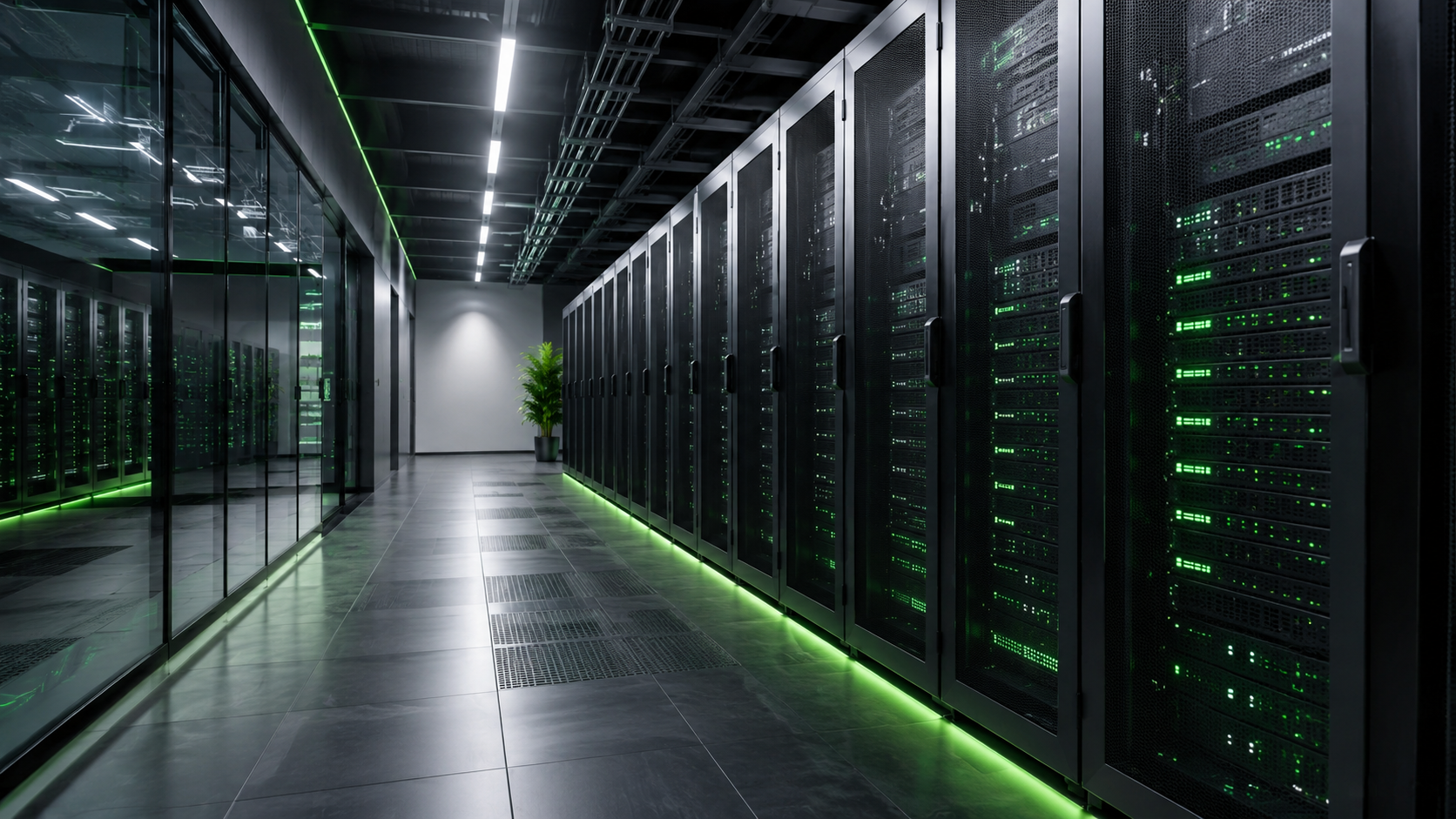 Moderner Datacenter-Korridor mit Serverracks und grünen Akzenten